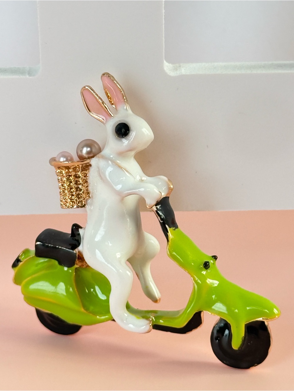 White Bunny On Lime Green Scooter With Basket Brooch Pin Gift